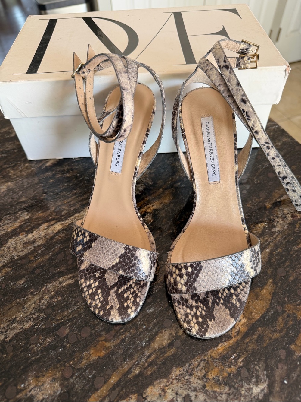 Diane Von Furstenberg Snake-Print Neutral Ankle-Strap Heels